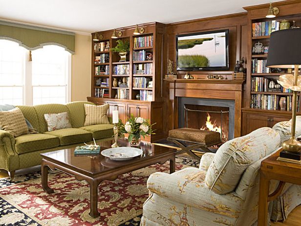 fireplace in traditional living room with television