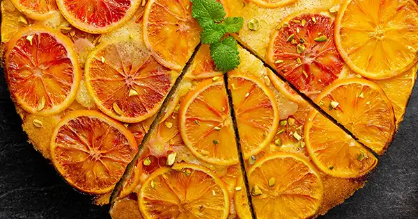 Delectable Upside-Down Blood Orange and Polenta Cake with Pistachio Nuts