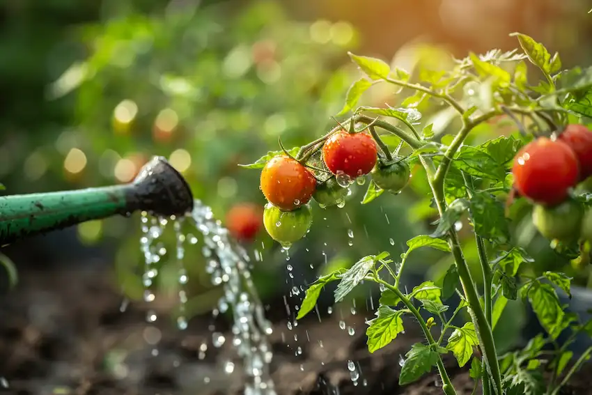 watering a little plant of grape tomatoes
