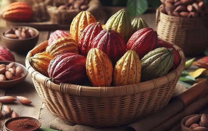 a basket of cocoa fruits
