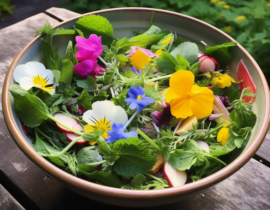 a bowl of edible herbs