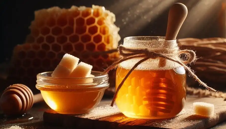 ένα βάζο μέλι και κυβική ζάχαρη
