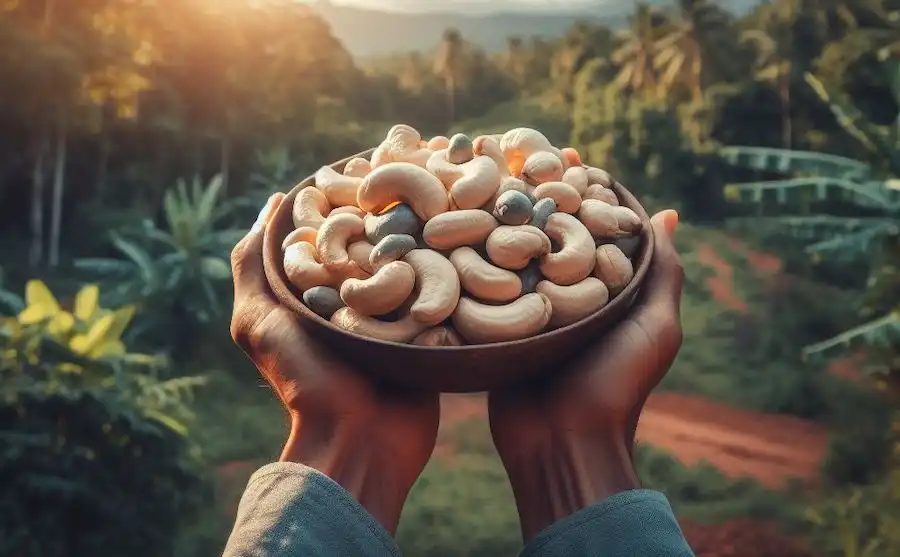 harvesting cashew nuts in a bowl