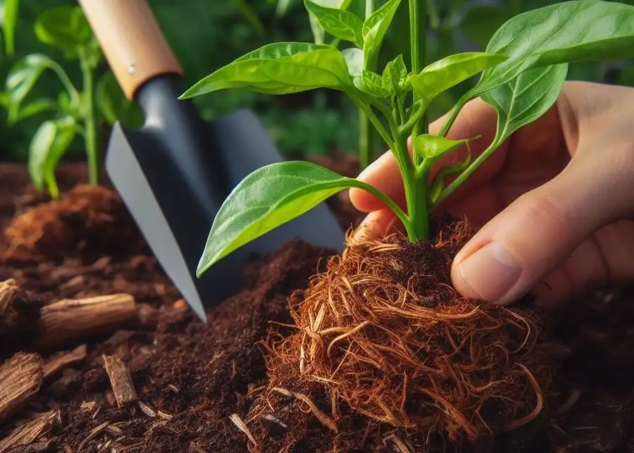 Coloque uma camada de cobertura orgânica ao redor das plantas de pimenta