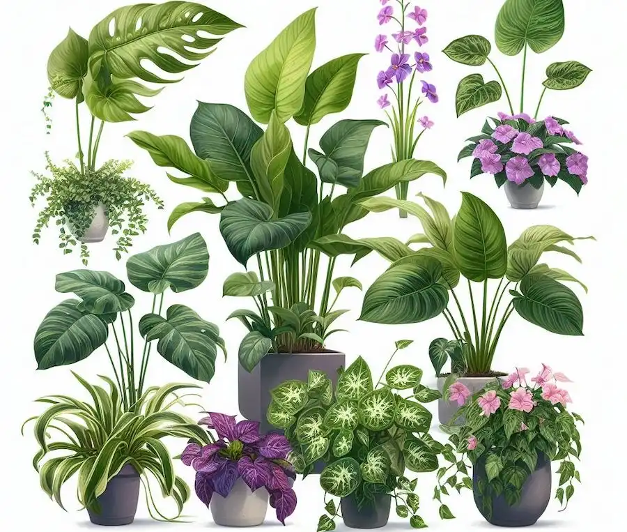 pothos philodendron spider plant peace lily lucky bamboo african violets english ivy coleus begonia impatiens