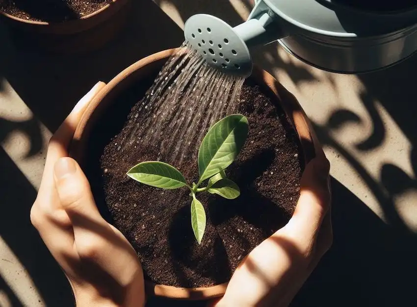 watering avocado leaves in a pot
