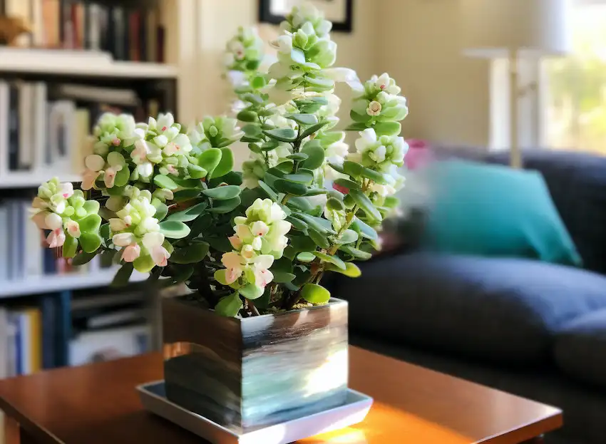 a blooming jade plant in the living room