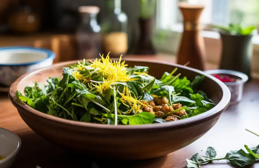 a bowl with dandelion root salad