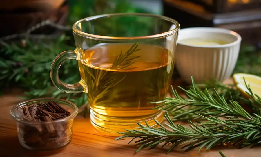 cup of herbal tea with pine needles
