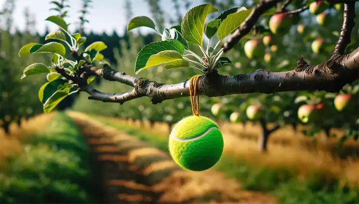 Why is it important to hang a tennis ball in fruit trees and what is its role