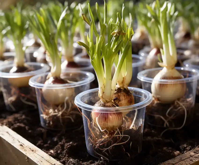 onions growing in a transparent plastic cups
