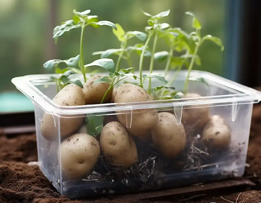 planting potatoes in plastic container