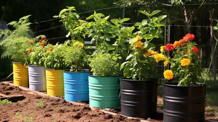 plants in gallon buckets