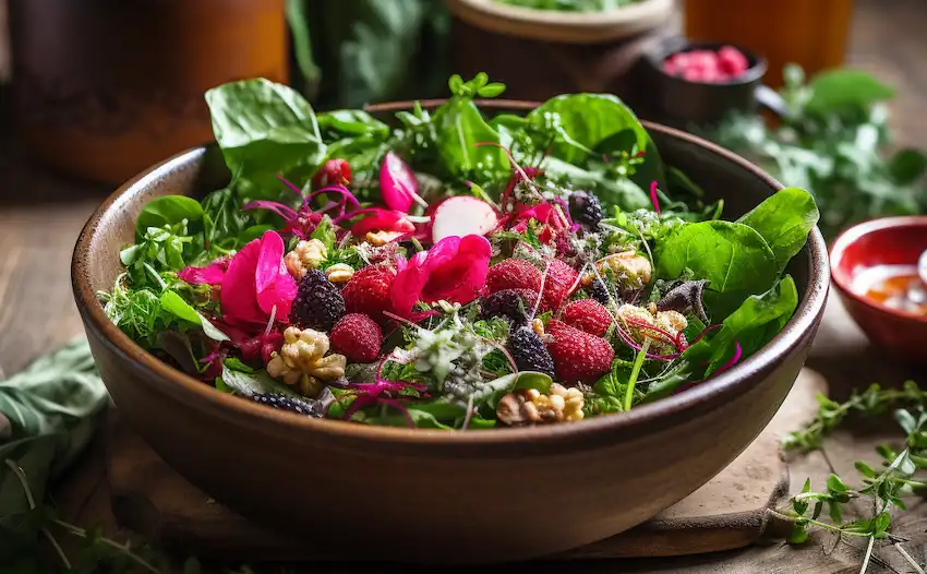 un bol avec une salade de trèfle rouge