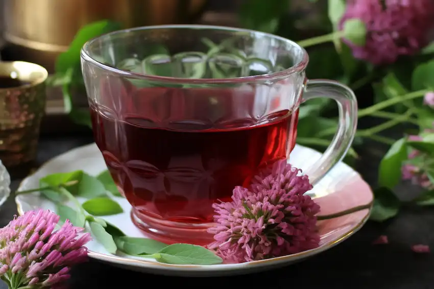 una taza con té de trébol rojo