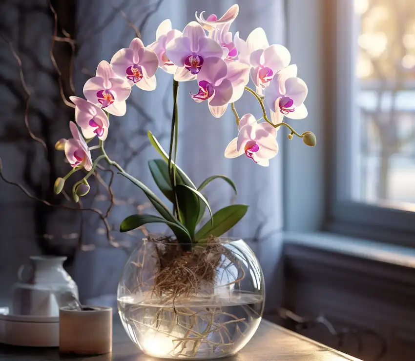 blooming orchid in a transparent pot