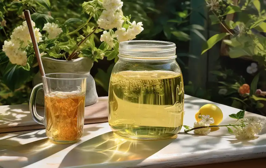 jar of honey on the table in the garden