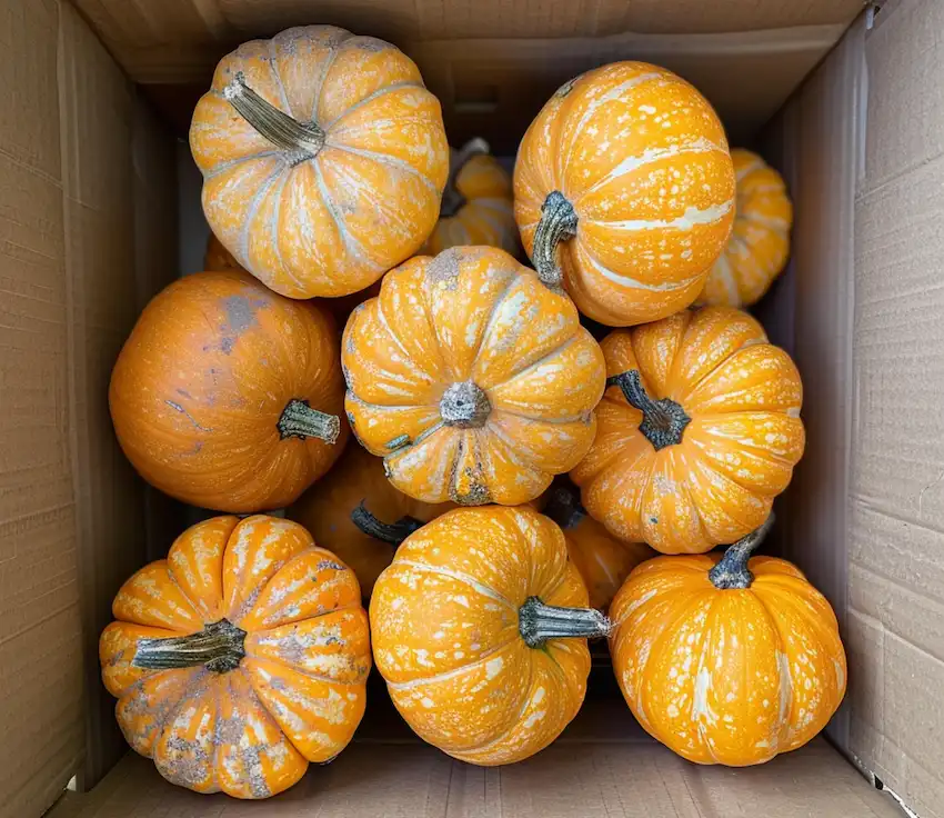 una caja con calabazas