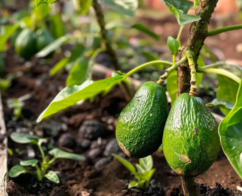 Avocado plants in garden beds.