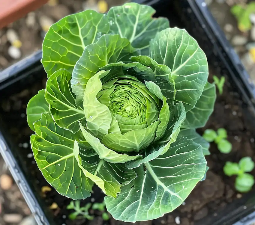 cultivar repollo en un recipiente