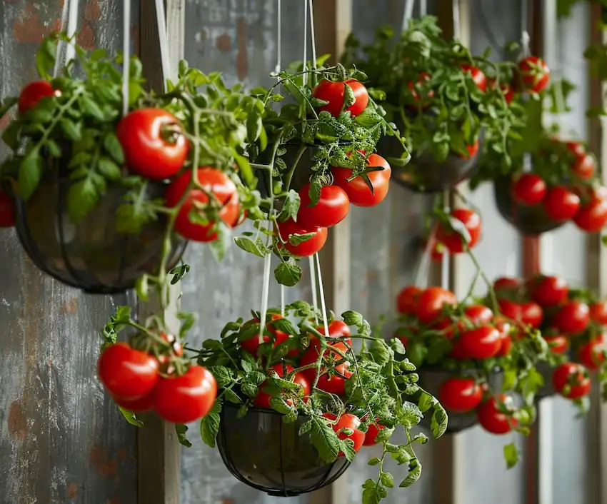 hanging tomatoes plants in round plastic baskets