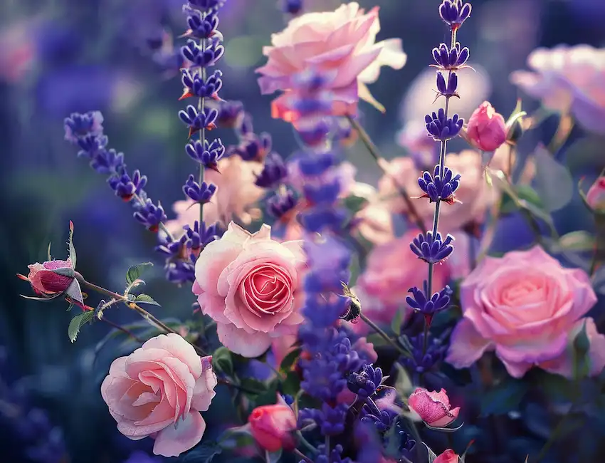 lavanda y rosas rosadas