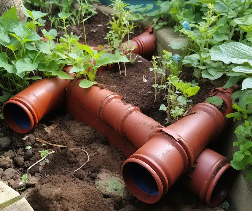 pots buried in the garden connected with a plastic pipe