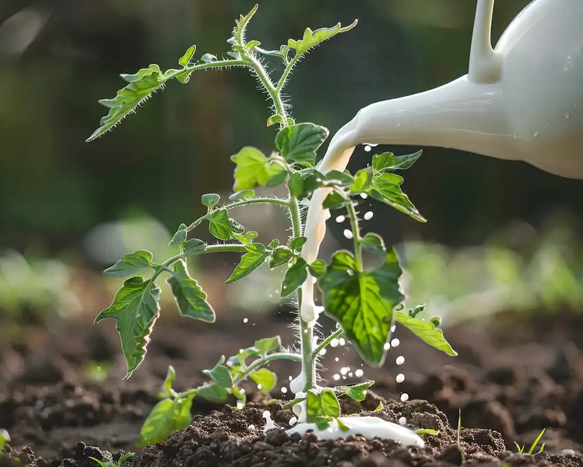 vierta la leche sobre la planta de tomate en el jardín.