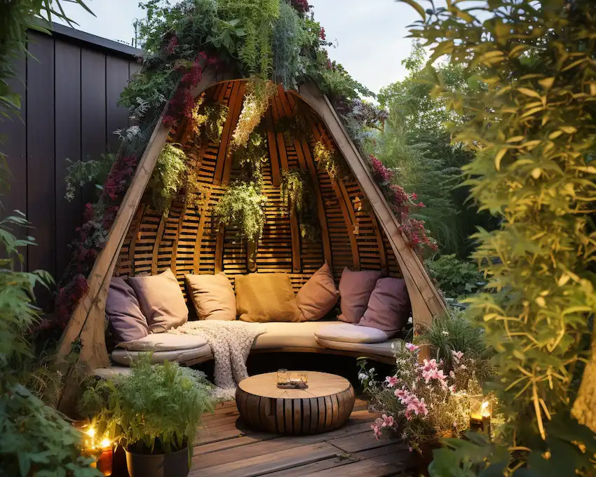 tipi tent covered with climbing plants for a relaxing oasis in the garden