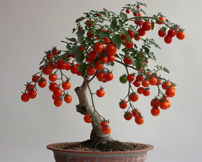 tomates en una olla grande al estilo bonsai