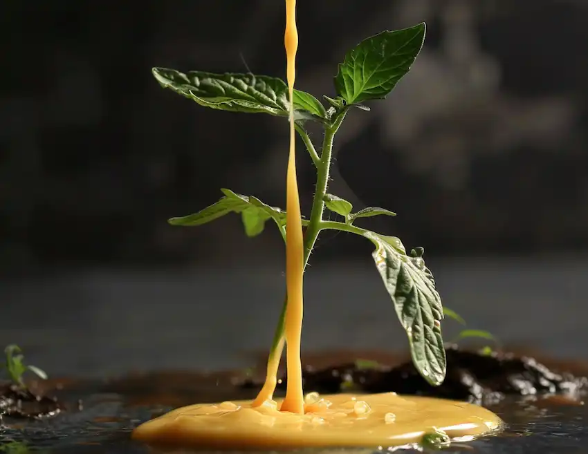 watering a tomato plant with turmeric and milk