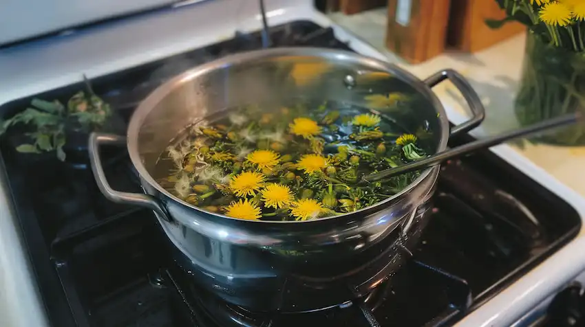 a pot on the stove in which dandelions are boiling