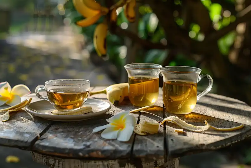 thé à la peau de banane sur la table de jardin