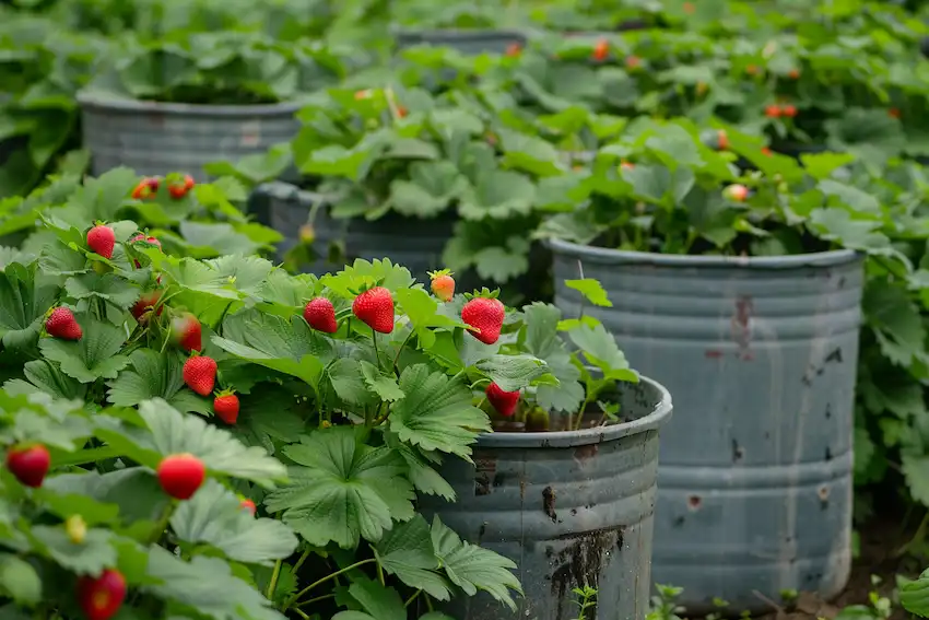 grands récipients d'eau pour l'irrigation des fraises