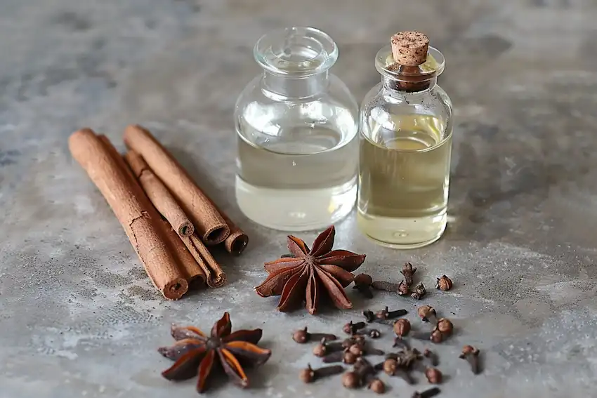 2 cups of white vinegar or cleaning vinegar 1 cinnamon stick 4 star anise or round anise licorice like fragrance a half handful of cloves a container with a lid spray bottle on the table