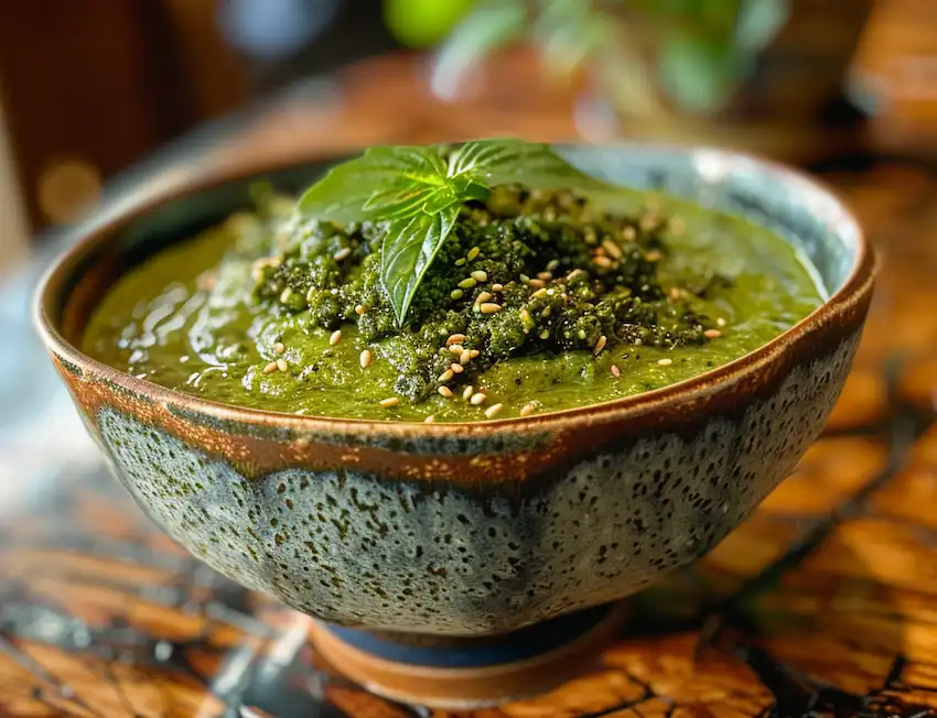 un grand bol avec de l'ajika vert