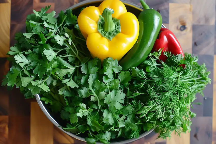 Perejil, eneldo, cilantro y dos pimientos morrones en la mesa de la cocina.