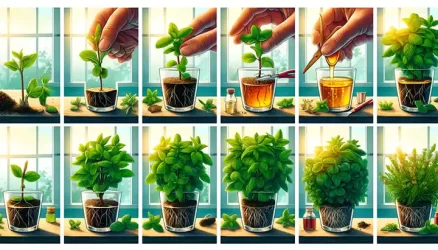 dall·e 2024 05 01 23.36.48 a vibrant and detailed gardening tutorial scene showing the process of growing mint from a cutting. the image features a step by step guide a gardene