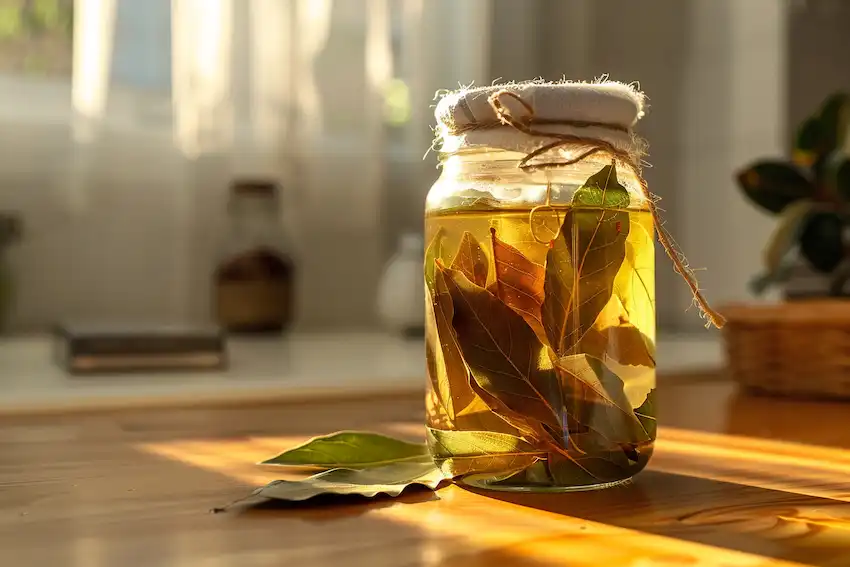 a jar of bay leaf syrup