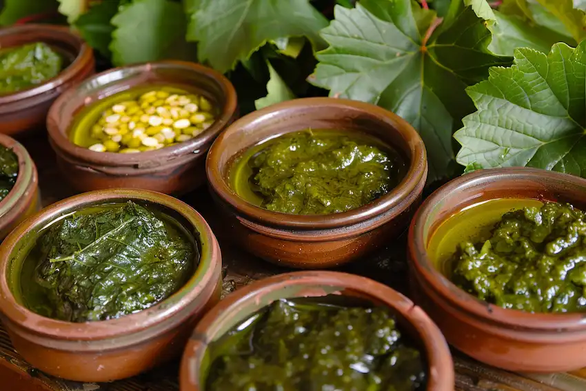 pestos and sauces of grape leaves
