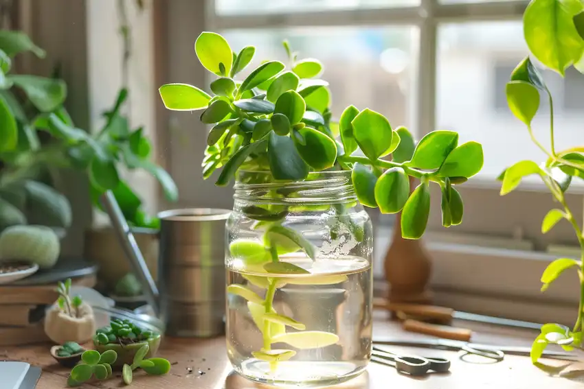 jade plant cutting in the process of being propagated