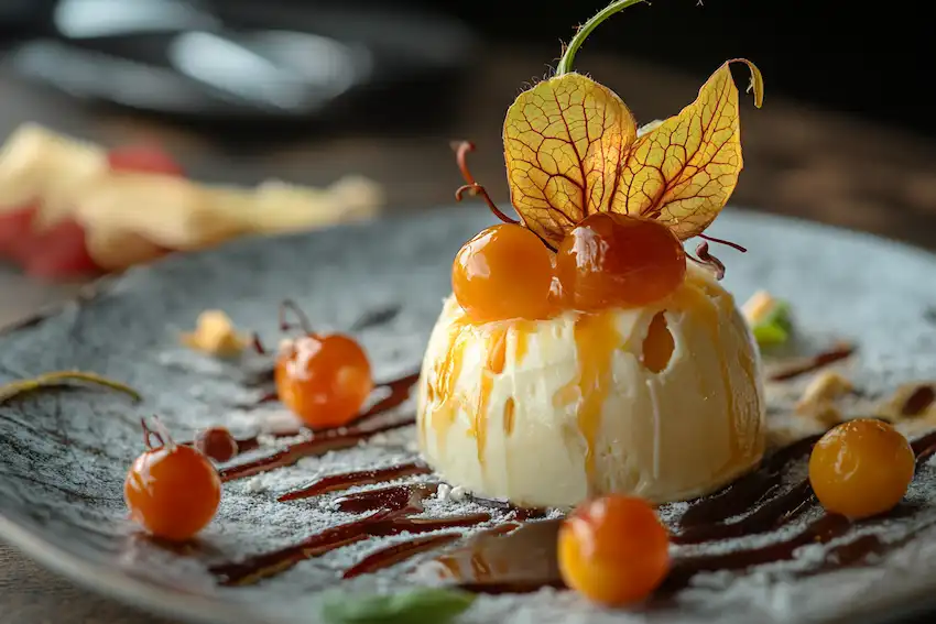 postre dulce con canapum physalis