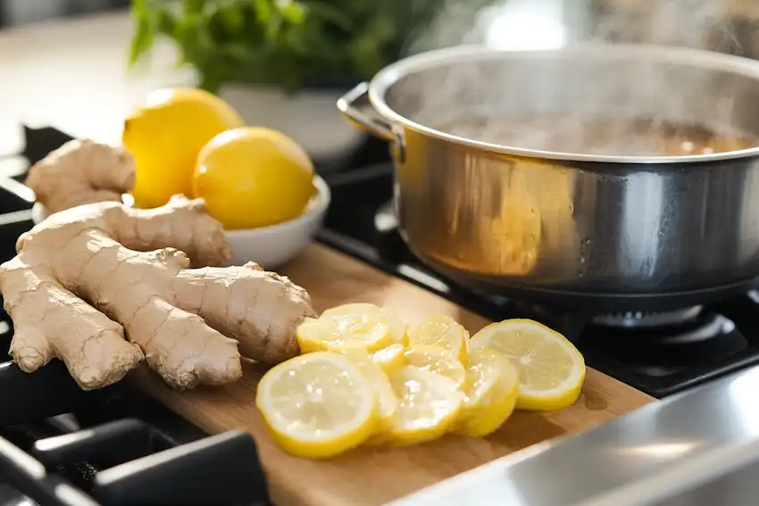 fresh ginger root is being sliced on a cutting board