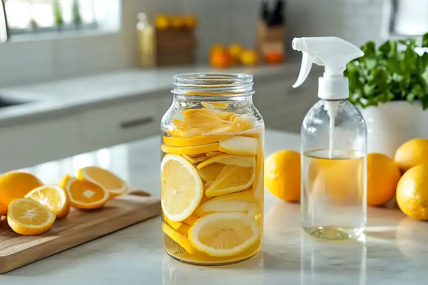 lemon and orange peels submerged in vinegar