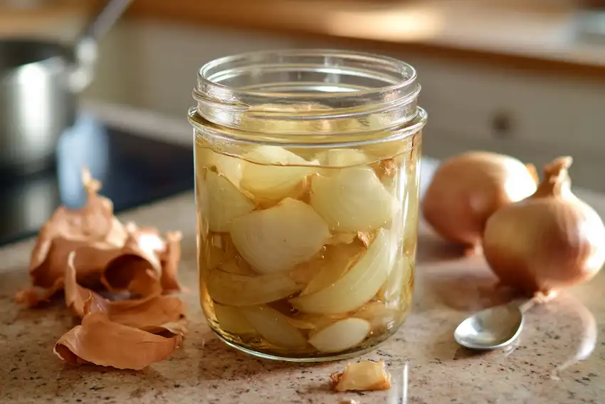 onion peels and water in a jar