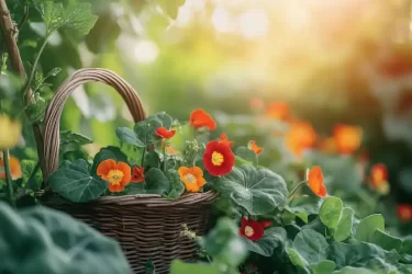 a lush thriving garden bed filled with blooming nasturtiums and healthy vegetables