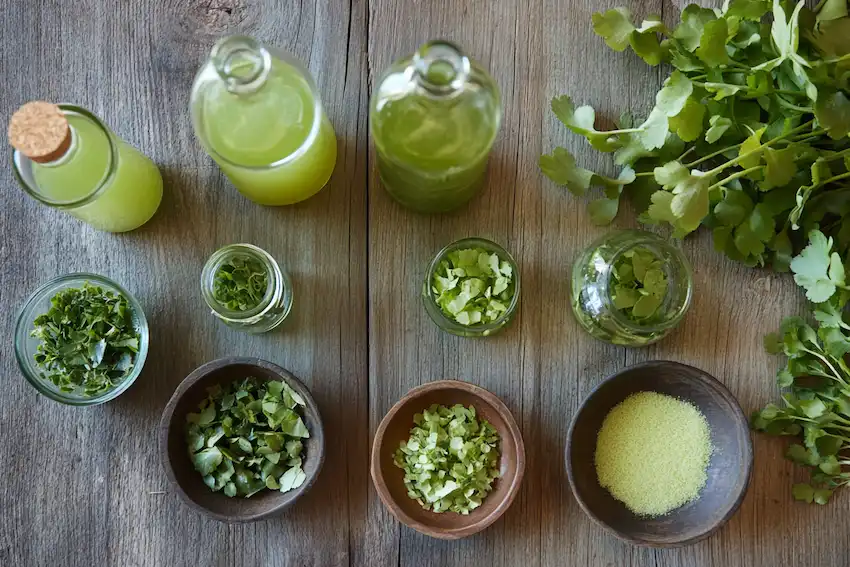 a set of small glass bottles and bowls arranged neatly on a rustic wooden table