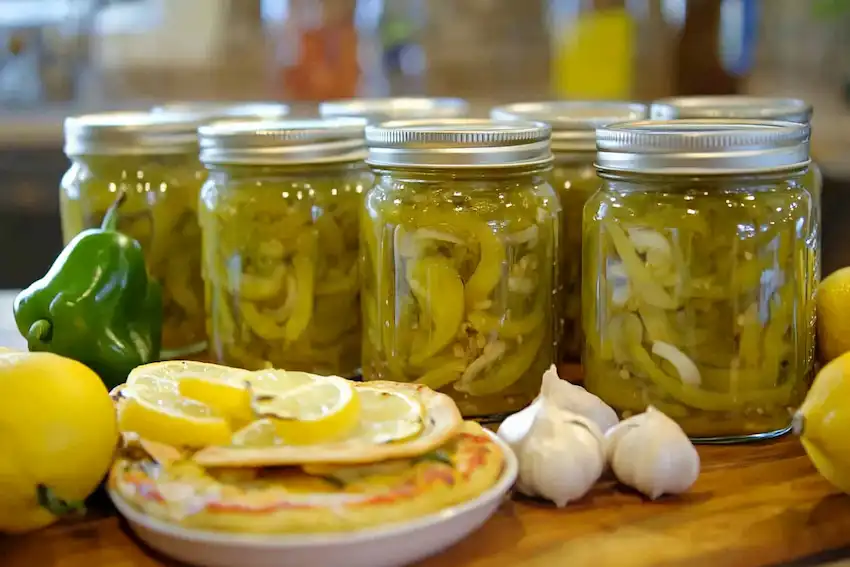 several glass jars filled with pickled light green hot peppers