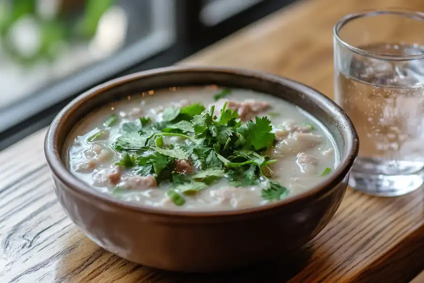 a bowl of creamy taro soup garnished with fresh herbs