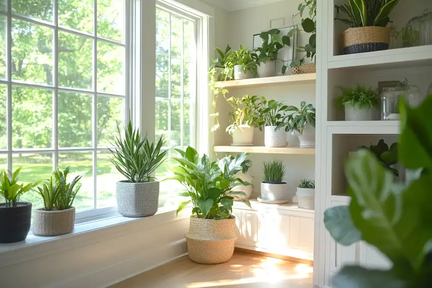 airy indoor space with a variety of houseplants